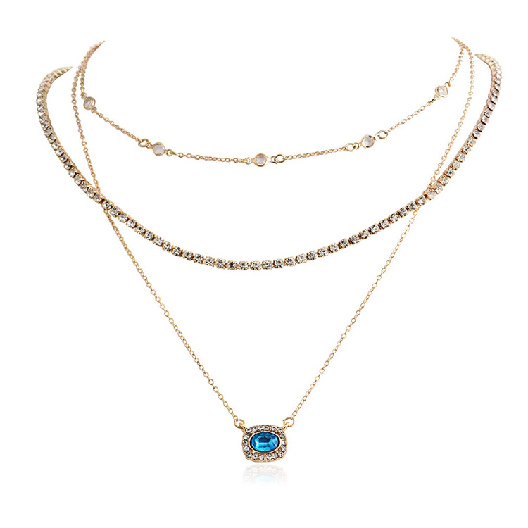 Blue Gold Three Layered Pendant Necklace